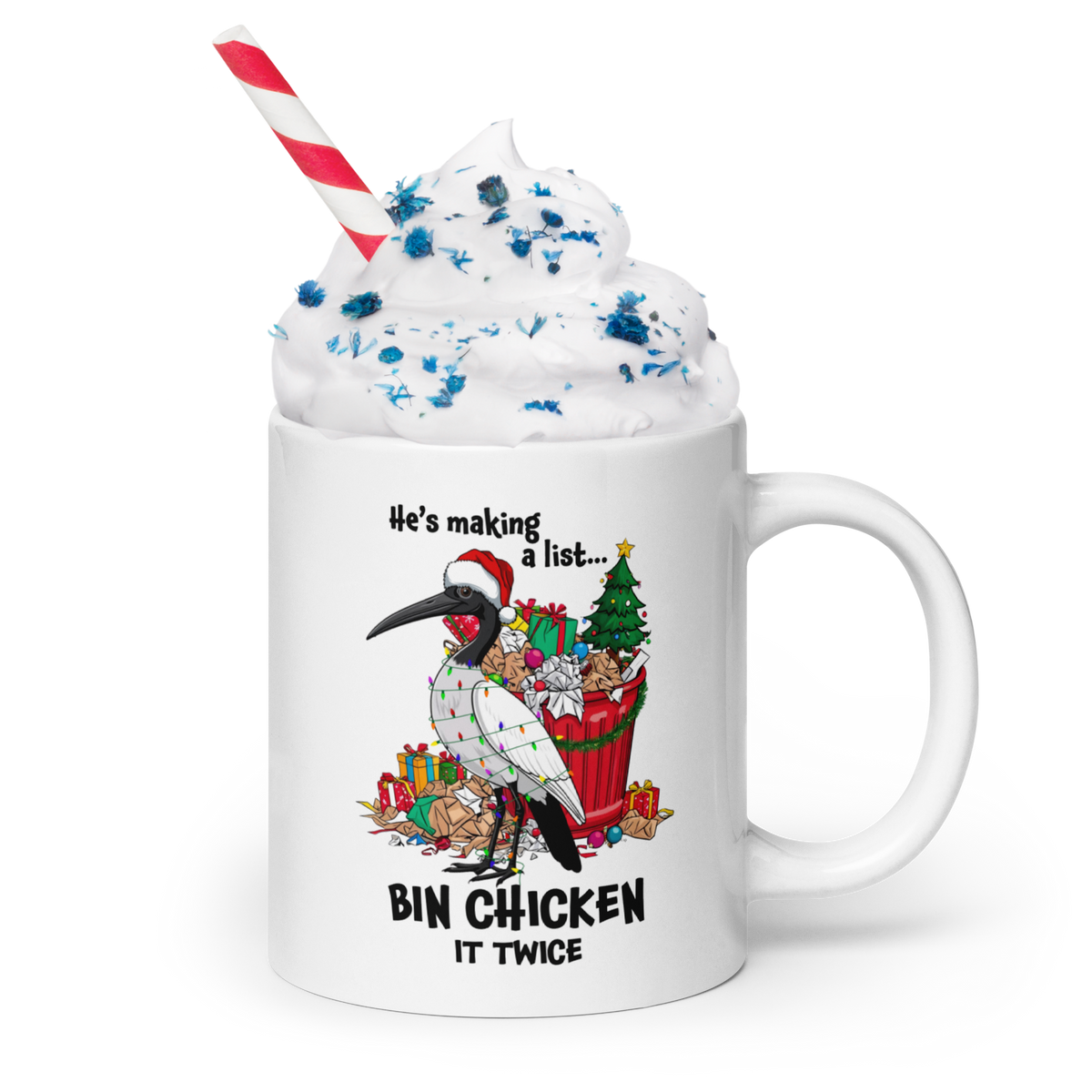 Bin Chicken Christmas Mug – Funny Aussie Ibis Santa Coffee Mug